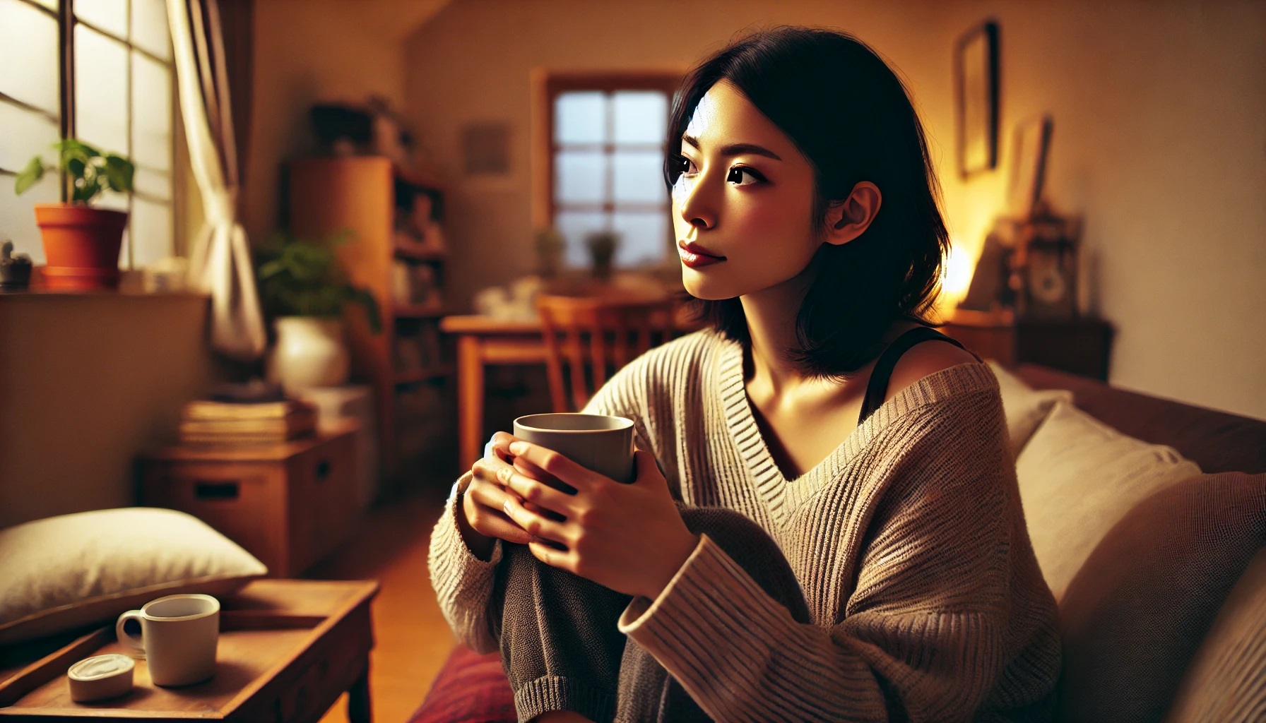 ぼんやりと考え事をする女性