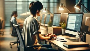 オフィス、コワーキングスペースででパソコンに向かった仕事をする男性