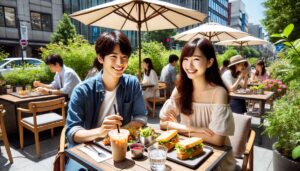 カフェのテラス席でランチを楽しむカップル