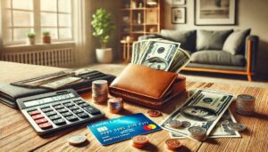 テーブルの上の財布と電卓、クレジットカード、金額や料金、支払いのイメージ