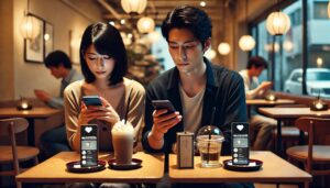 デート中、マッチングアプリ、浮気、スマホ画面を見ている様子
