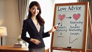 ホワイトボードで、恋愛について説明、アドバイスをする女性