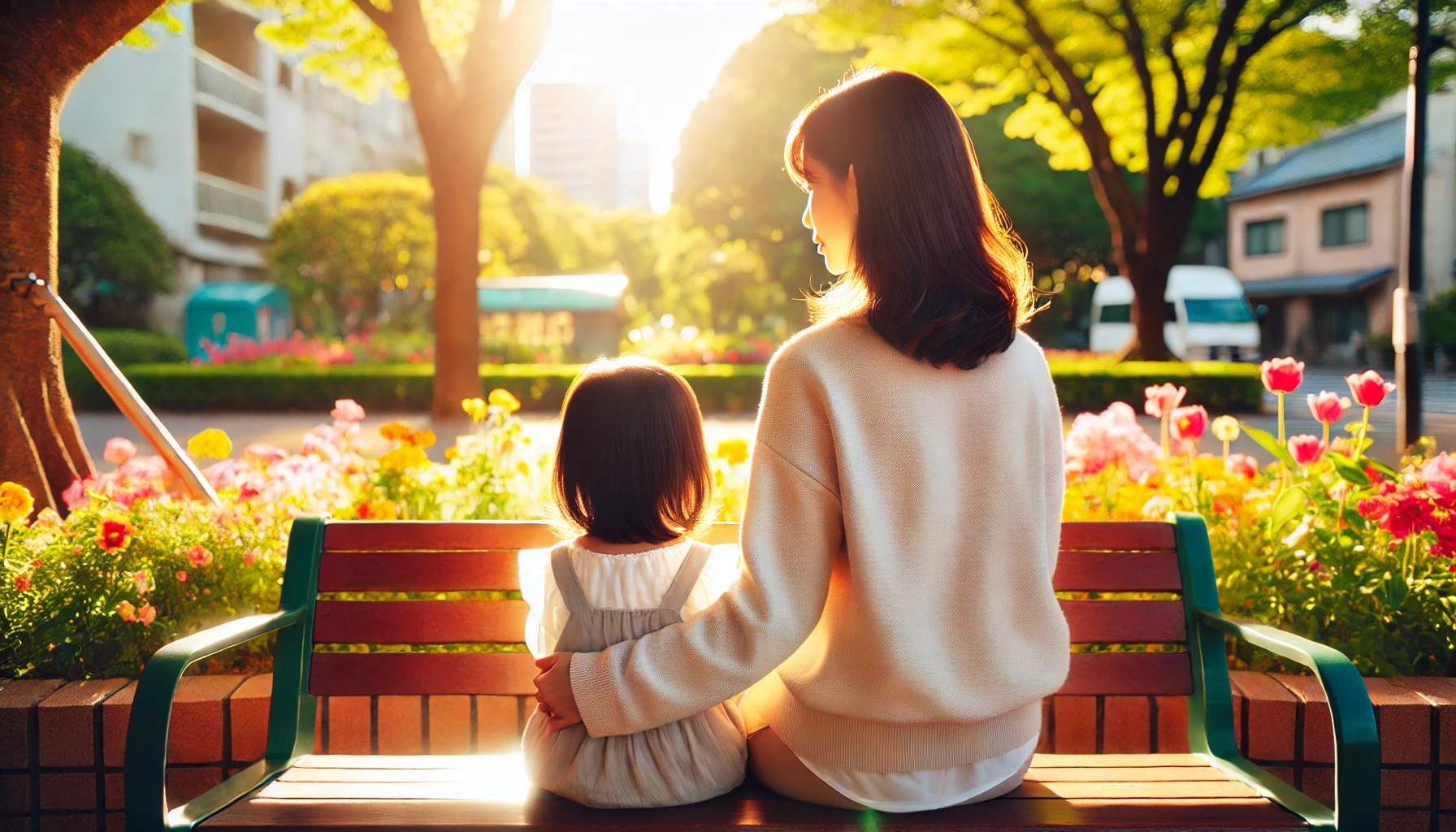 公園のベンチに座っている、30代くらいの女性と3歳くらいの女の子、シングルマザー