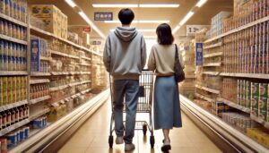 同棲しているカップル、スーパーで買い物をしている様子