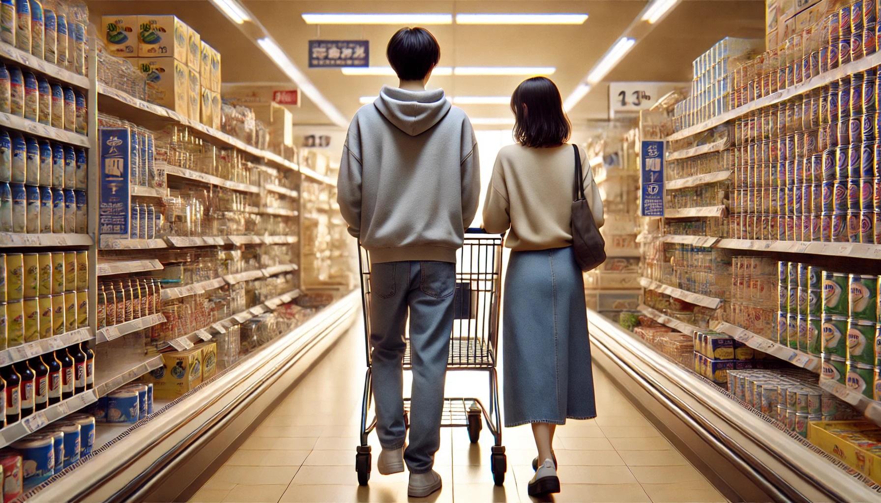 同棲しているカップル、スーパーで買い物をしている様子