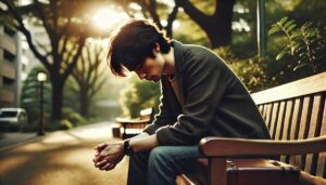 失恋、片思いが辛くて、公園のベンチでうなだれている男性