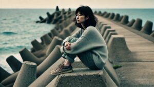 失恋、片思いが辛くて防波堤に座り考え込む女性