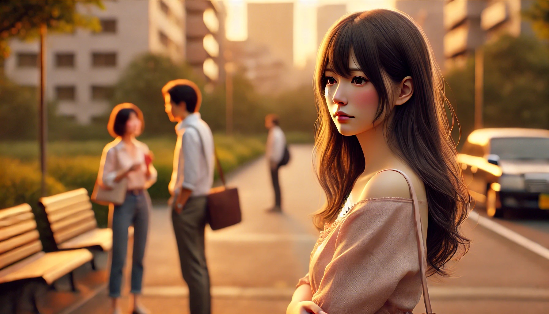 片思いの女性、男性は他の女性と話している様子
