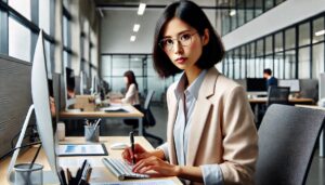 真面目でお堅い雰囲気の女性、職場、仕事をしているところ.
