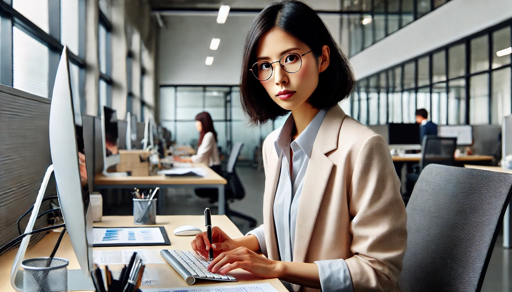 真面目でお堅い雰囲気の女性、職場、仕事をしているところ.