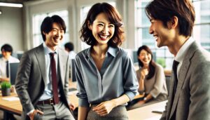 社会人の女性、会社のオフィスで男性と談笑している様子、同僚にモテる女性