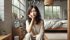 考え事をする女性、悩み事、疑問、？