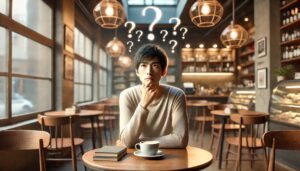 考え事をする男性、悩み、疑問、？