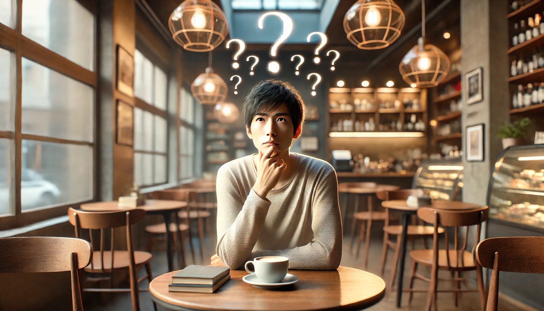 考え事をする男性、悩み、疑問、？