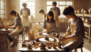 陶芸など、カルチャースクールや習い事、趣味の講座を受ける男性と女性、出会いの場