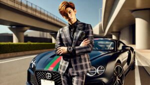 高級車と高級な腕時計、高級ブランドの洋服を着た男性